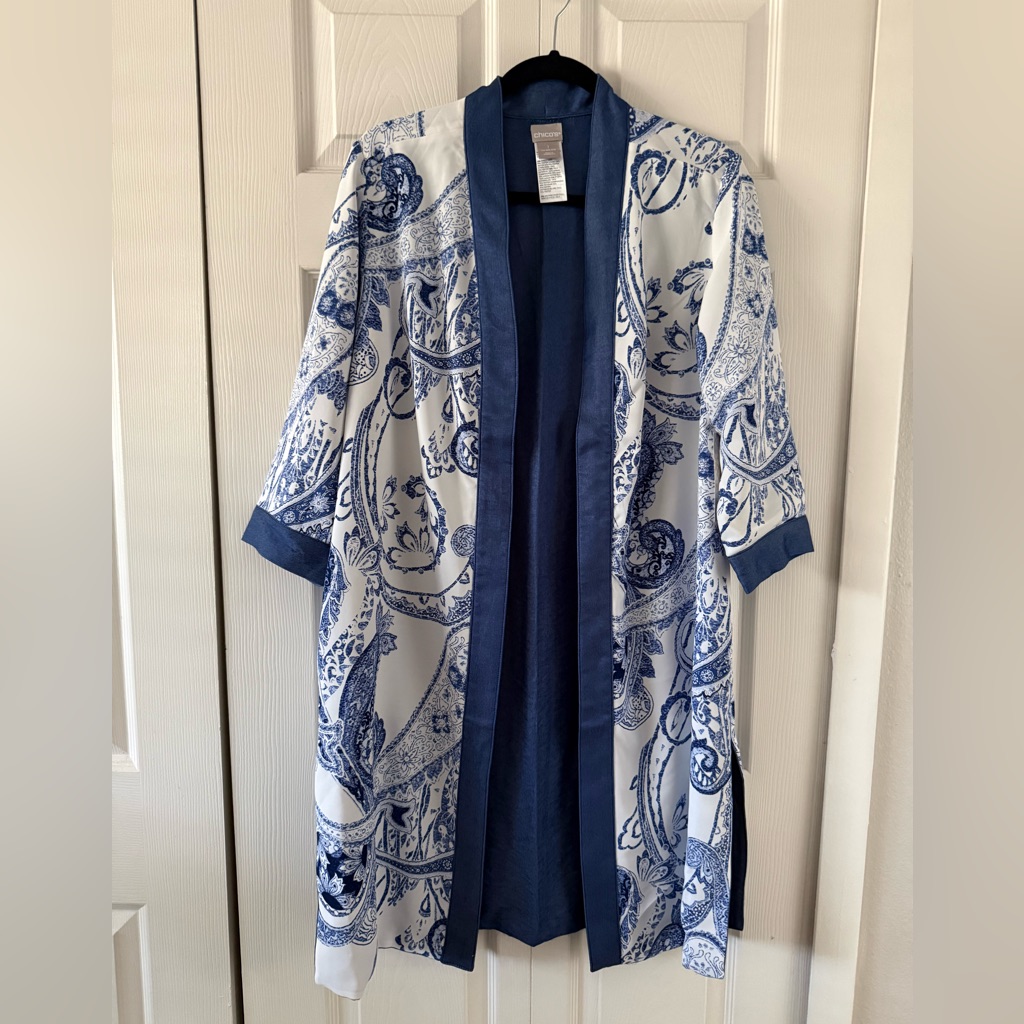Chico’s Reversible Kimono Mid Length Jacket Paisley Jean Sz 1 Us 8/10
